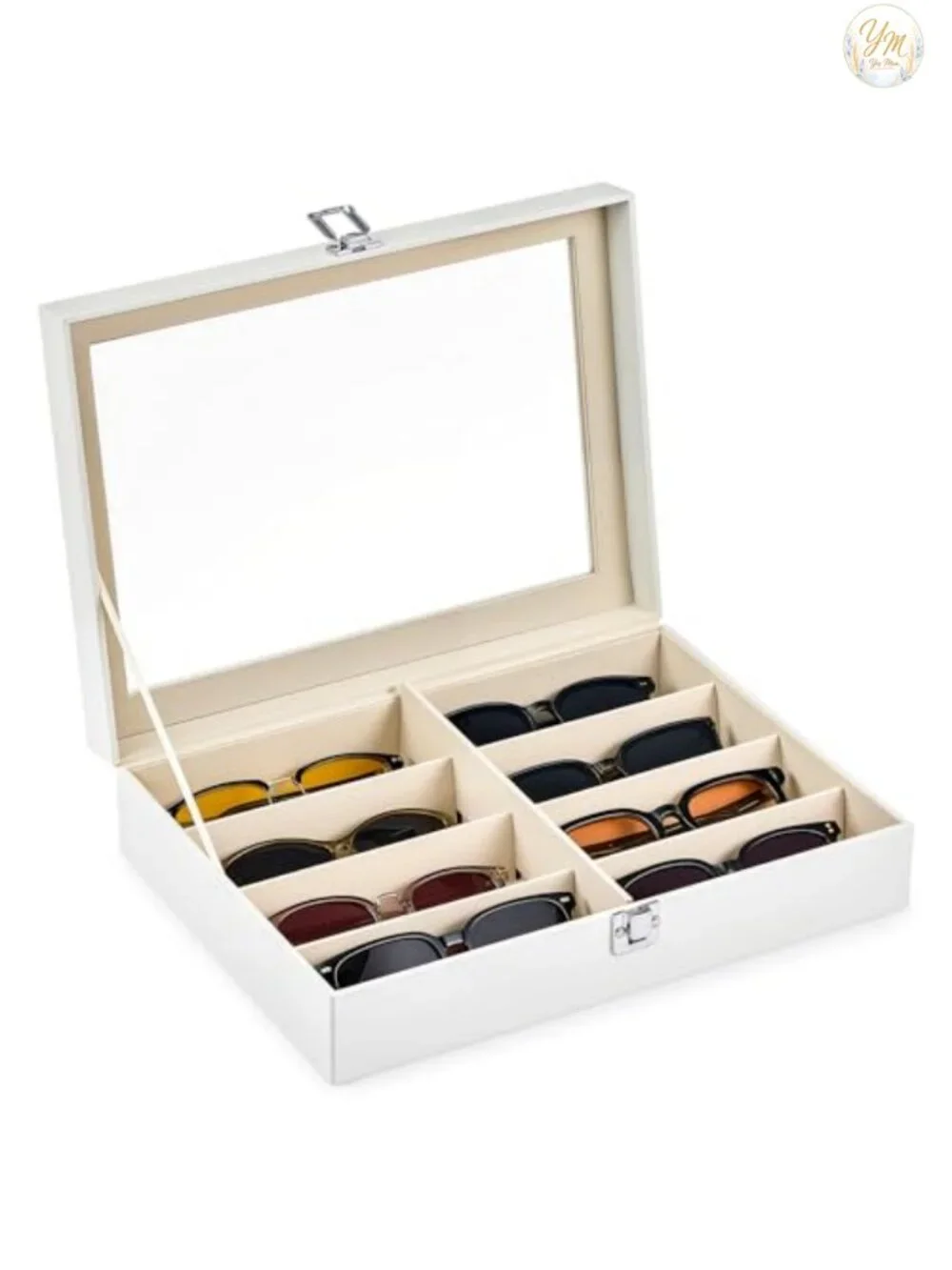 8-Slot Sunglasses Organizer, Lockable PU Leather Display Case, White